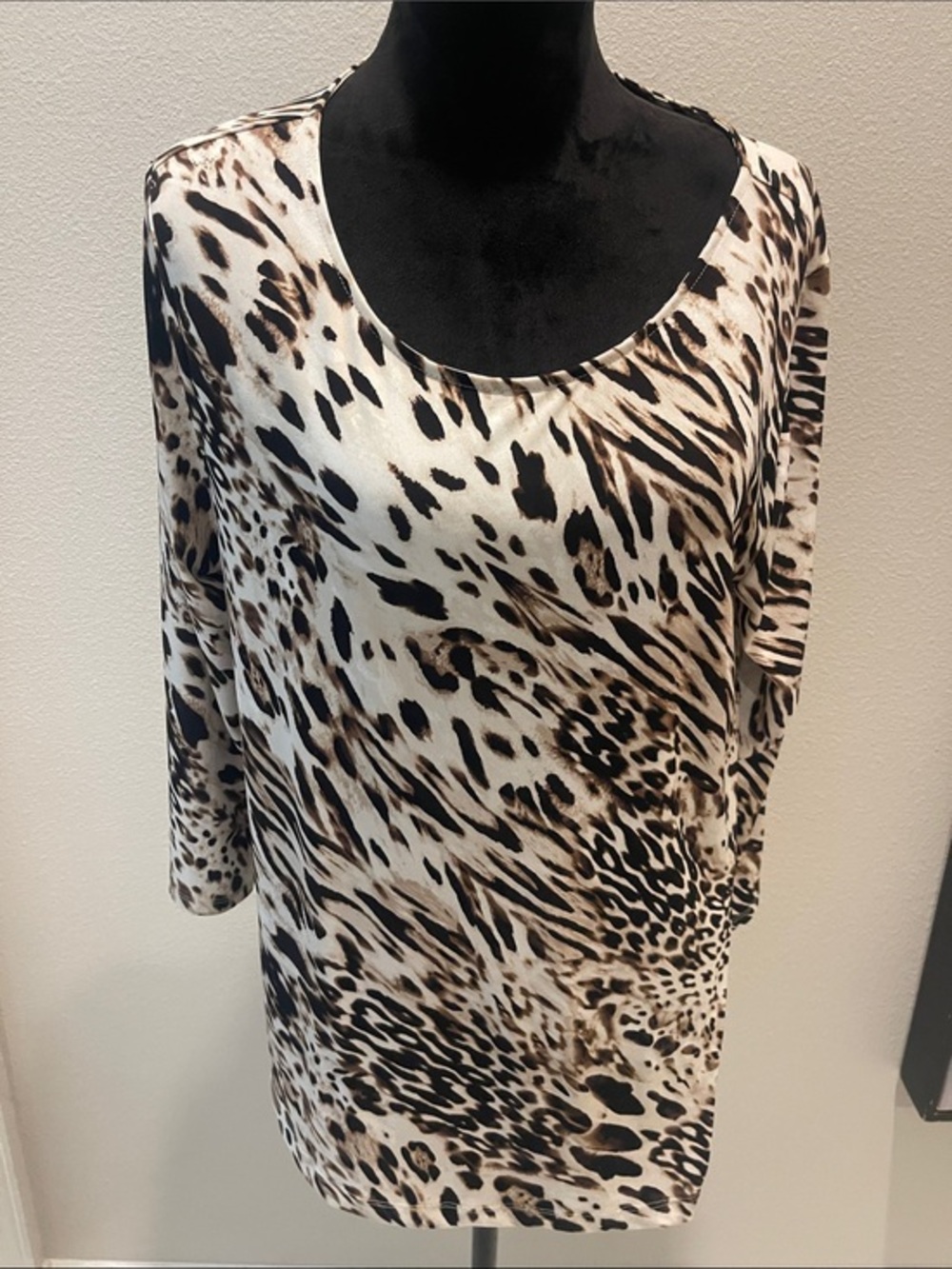 Chico's Animal Print Scoop Neck Blouse - Black & Brown M/L